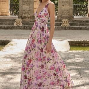 Lulus Morgana Pink Multi Floral Satin Pleated Maxi Dress Purple - Size XL